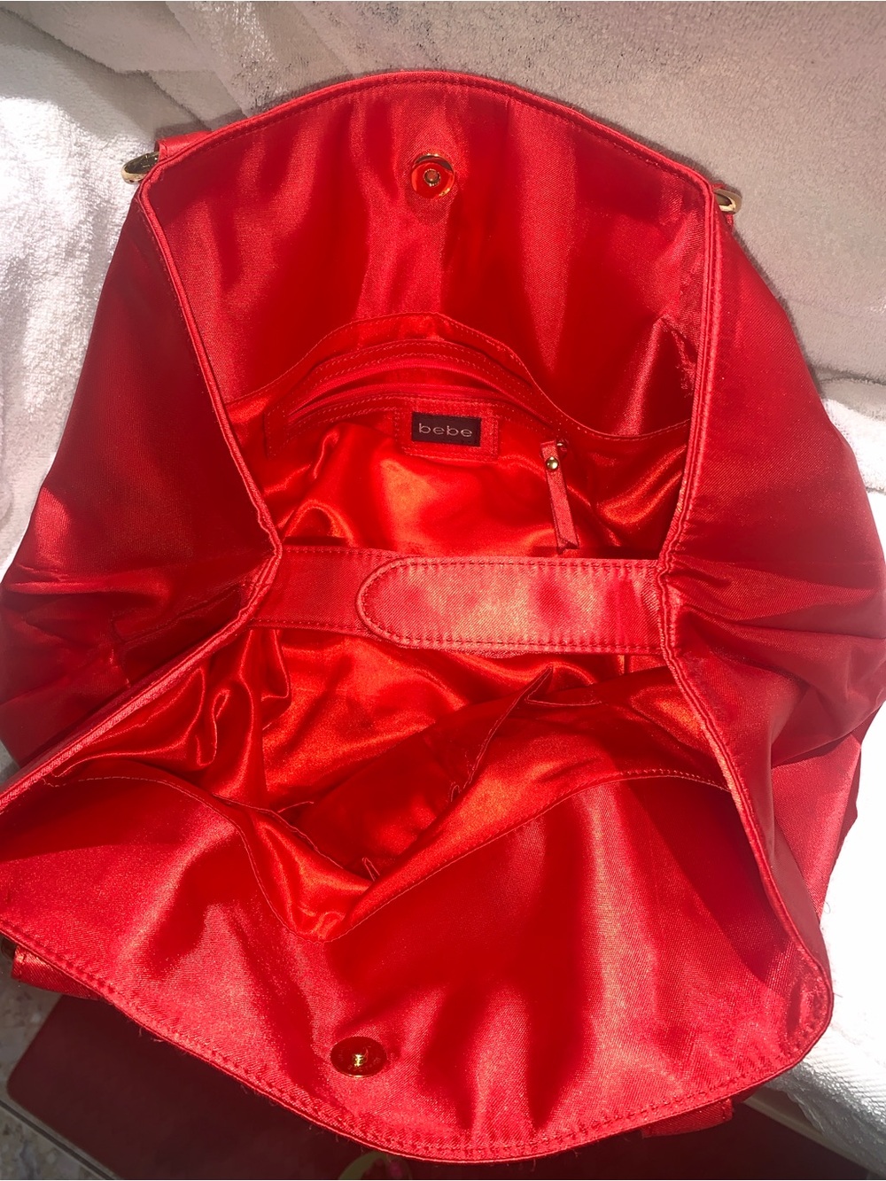 bebe Red Satin Shoulder Tote with Gold Chain Accents - Picture 9 of 10